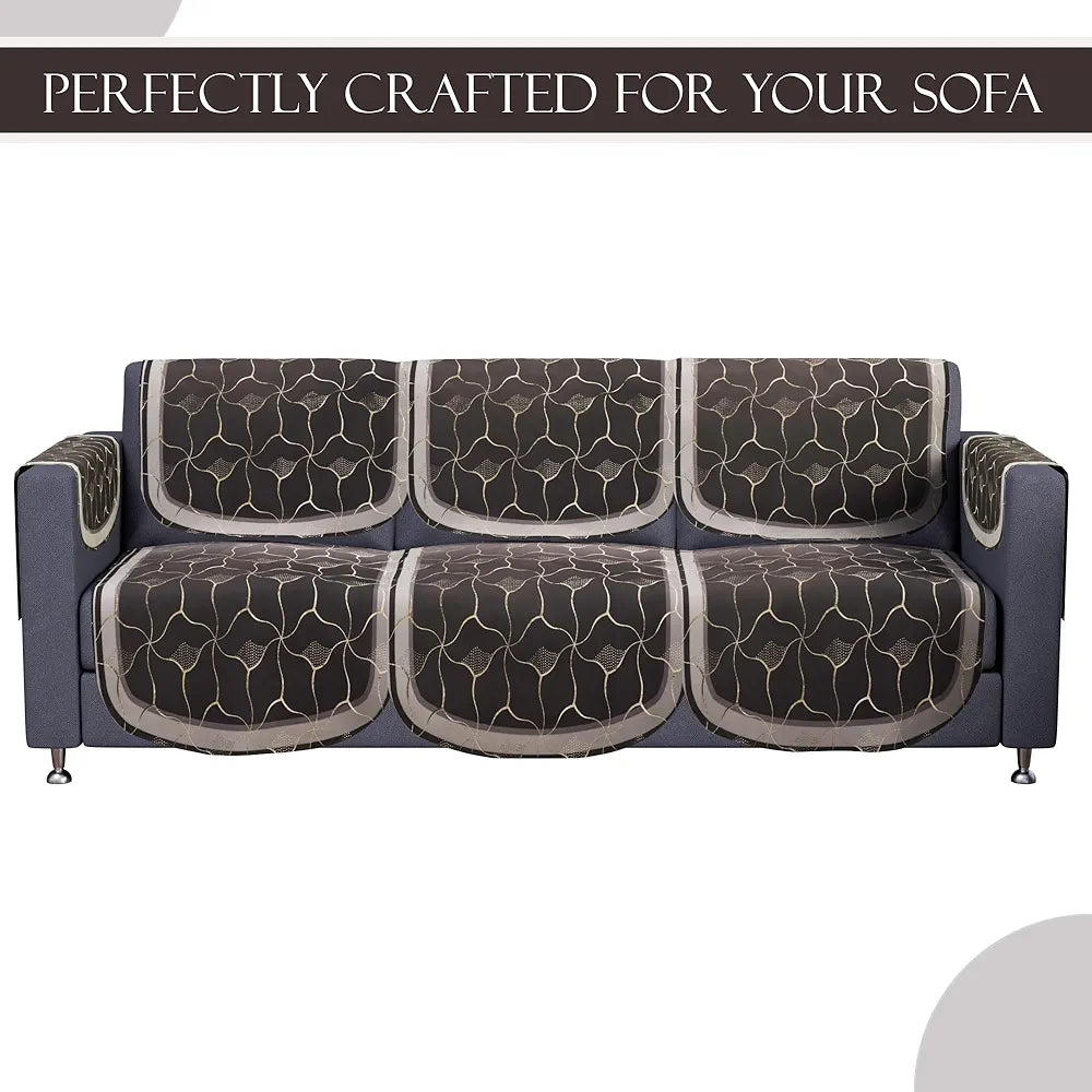 Kuber Industries Set of 16 Anti-Skid Sofa Cover 5-Seater with Arm Cover Arabica Look Brown & Golden Foil