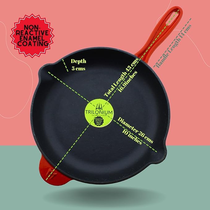 Trilonium Enameled Cast Iron Induction Compatible Skillet Fry Pan 26 cms Red