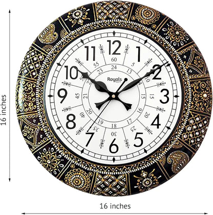 RoyalsCart Ethnic Handcrafted Designer Wall Clock with Rajasthani Floral Painting Black Wooden Wall Clock [KTWC281N] Black Designer Painting