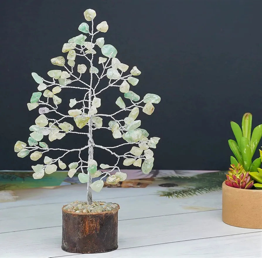 Crocon Green Jade Crystal Bonsai Tree Silver Wire