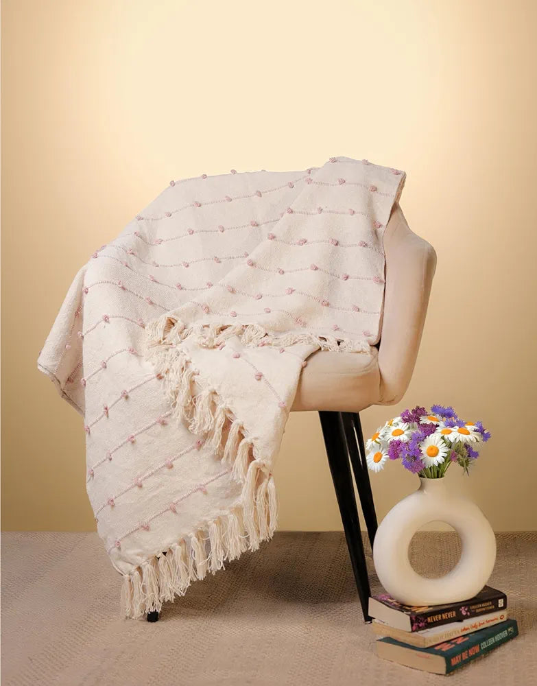 Sajavat Home Hand-Knitted Pure Cotton 3 Seater Sofa Throw & Cushion Cover Colour Beige Pastel Throw & Pink Cushion