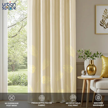Urban Space Blackout Curtains for Living Room, Gold Foil Printed Luxurious Blackout Decorative Window Curtain Eyelet with Tieback, 1 Piece Aurika Beige Colour