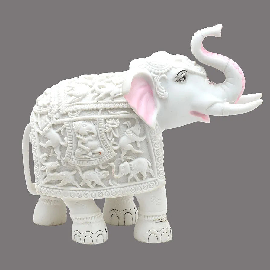 Kraftskala White Elephant Showpiece Animal Carving Big Size Marble Resin Aesthetic Statue