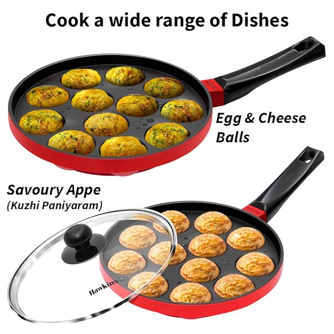 Hawkins Nonstick Appe Pan with Glass Lid, 12 Cups, Diameter 22 cm, Black Cast Aluminium, Red