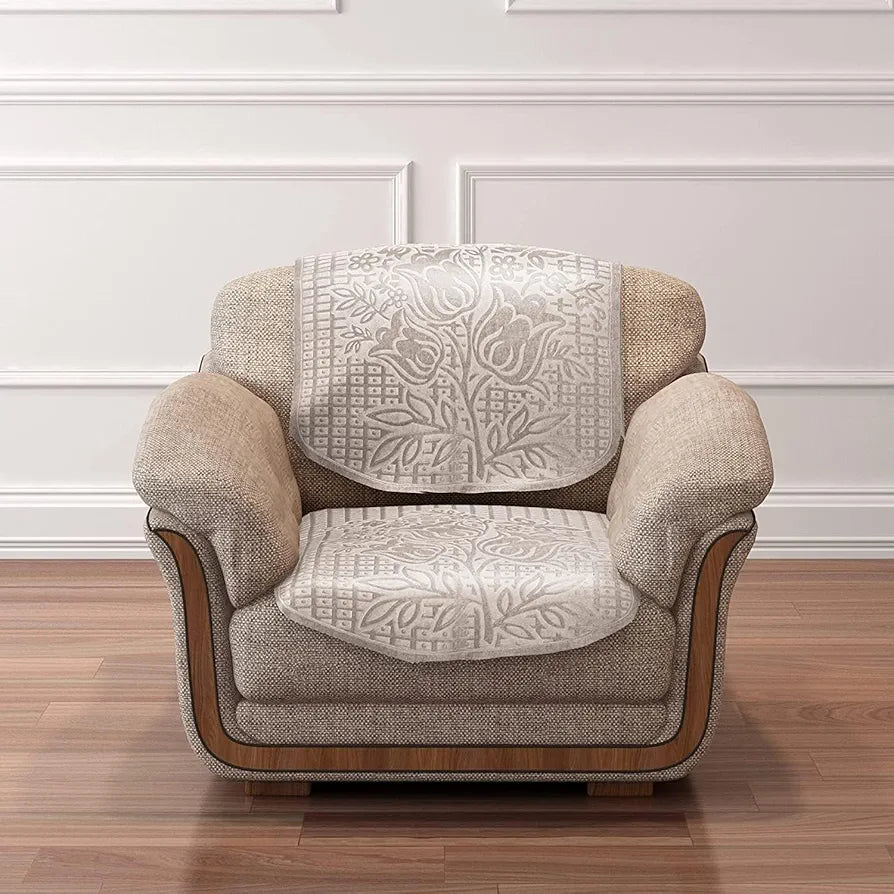 Cloth Fusion Italian Velvet Sofa Cover 5 Seater Set Perfect Floral Embossed Sofa Cover 3 Seater and 2 Seater Rose Beige