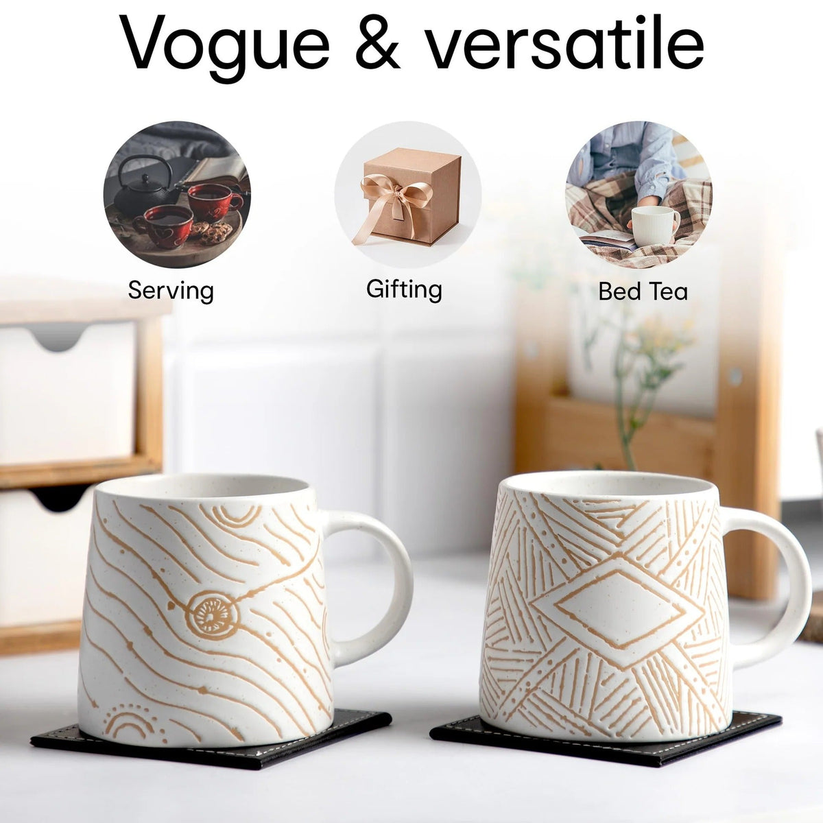 Waluvin Set of 2: Stylish White & Beige Stoneware Mugs | 400ml | Embossed Design