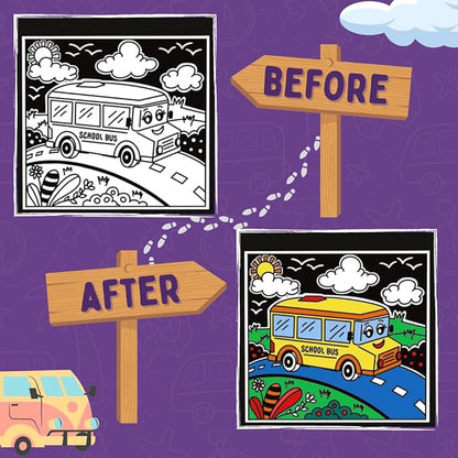 Pepplay Mini Velvet Coloring Card Kit Set of 8 Travel Friendly No Mess Art for Kids Art and Craft Vehicles