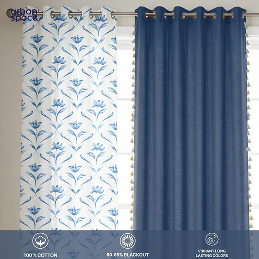 Urban Space Floral Cotton Curtains For Door Combo Set Of 3 Room Darkening Curtains For Home Decor Water Lily Blue & Aura Indigo
