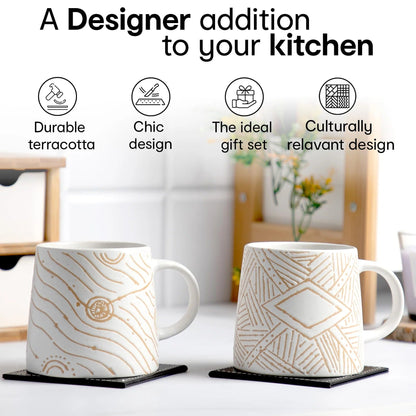 Waluvin Set of 2: Stylish White & Beige Stoneware Mugs | 400ml | Embossed Design