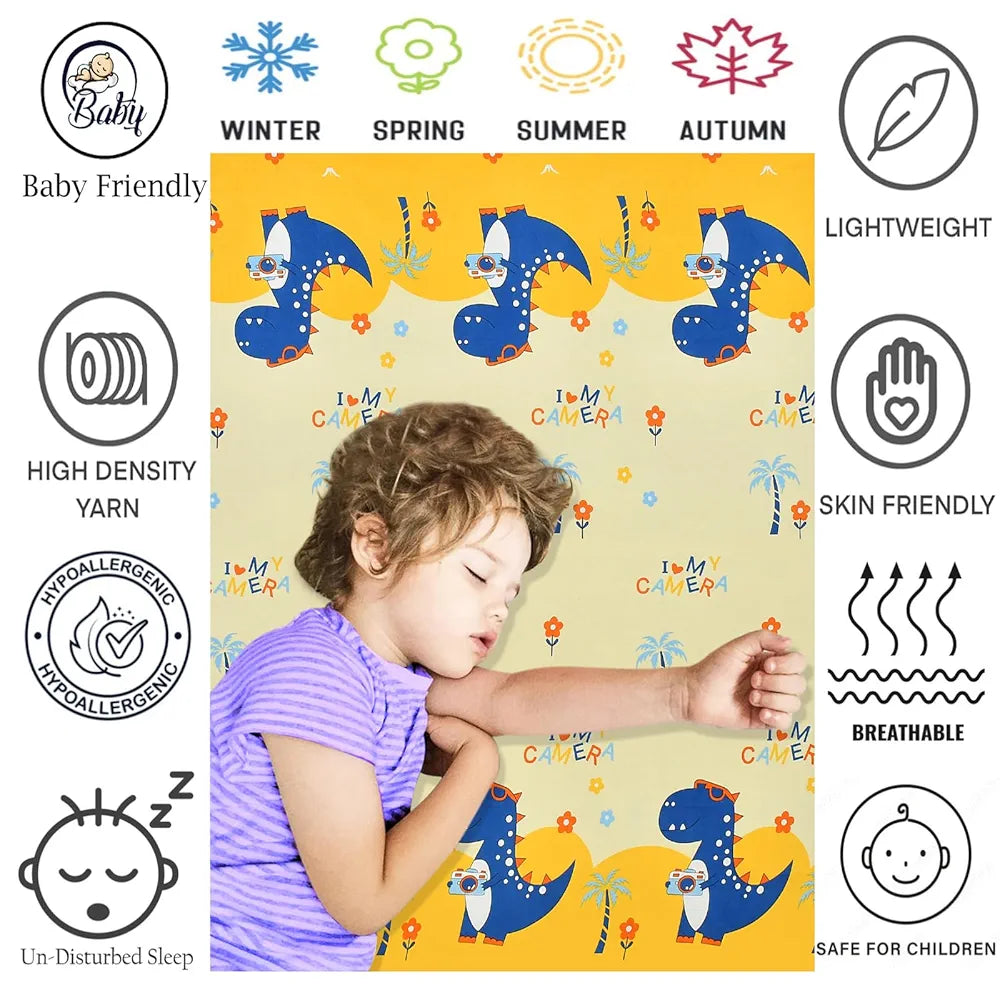 Fresh From Loom Glace Cotton Elastic Fitted Bed Sheet Cartoon Printed Dino 144 Tc Multicolor Cream and Blue Double Bed