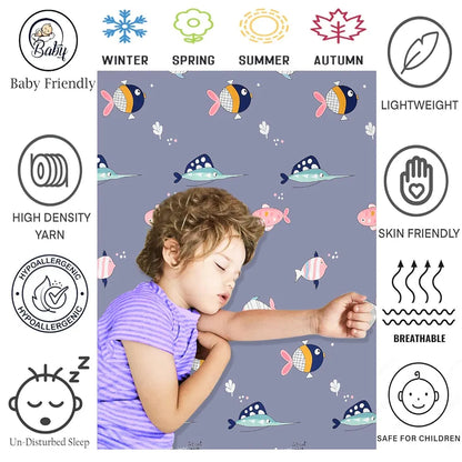 Fresh From Loom Glace Cotton 300 tc Wrinkle Elastic Fitted Cartoon Printed Bedsheets for Kids with 1 Pillow Fish Blue Smallsingle