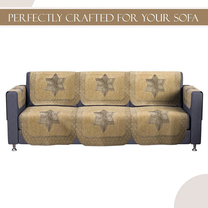 Kuber Industries Set of 16 Anti-Skid Sofa Cover 5-Seater with Arm Cover Star Print Cream & Brown