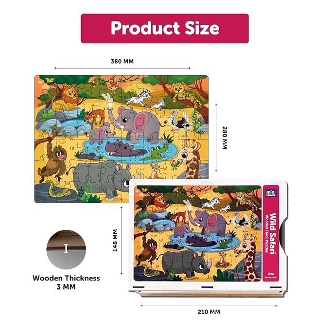 Mini Leaves 48 Piece Wooden Puzzle for Kids & Adults | Wild Safari Jigsaw Puzzle | Fun & Challenging Floor Wooden Puzzle Game