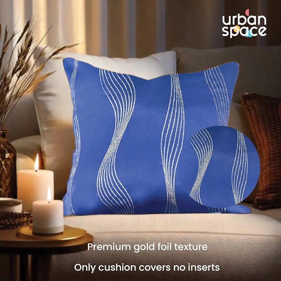 Urban Space Decorative Gold Foil Cushion Cover Set of 2 Cushion Covers for Sofa, Bedroom, Living Room Double Wave Navy