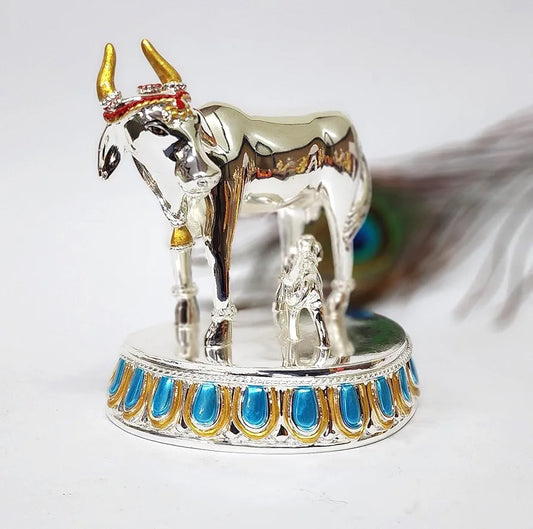 Gold Art India Kamdhenu Cow with Calf 999 Silver Plated Plain Large Size