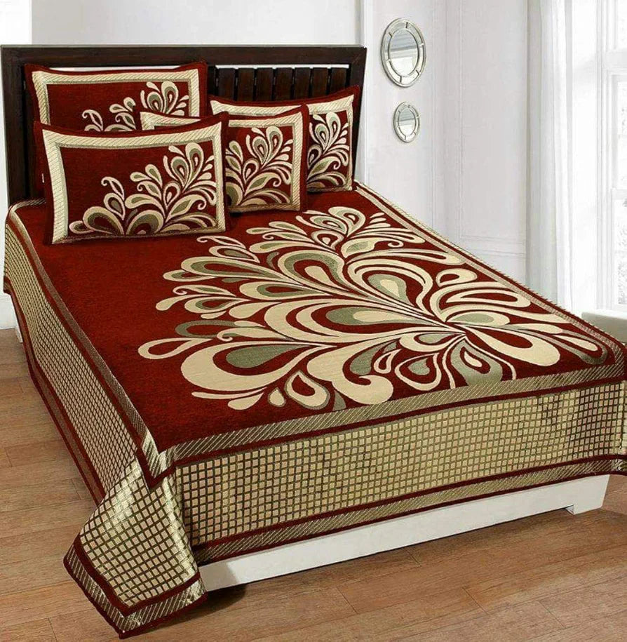 Fresh From Loom Chenille Velvet Floral 500 TC Heavy Bedsheet for Double Bed King Maroon Color with 2 Pillow Covers Rangoli Maroon