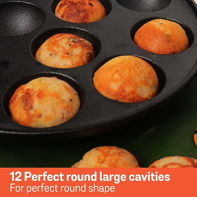 Meyer Pre Seasoned Cast Iron 12 Cavity Appam Patra 2 Side Handle 26cm (Black)