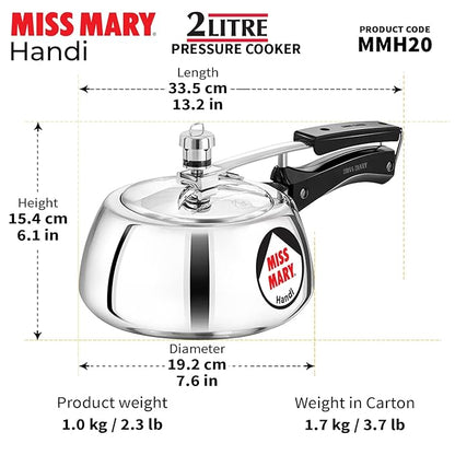 Hawkins 2 Litre Miss Mary Handi Pressure Cooker Small Inner Lid Cooker Silver Aluminium