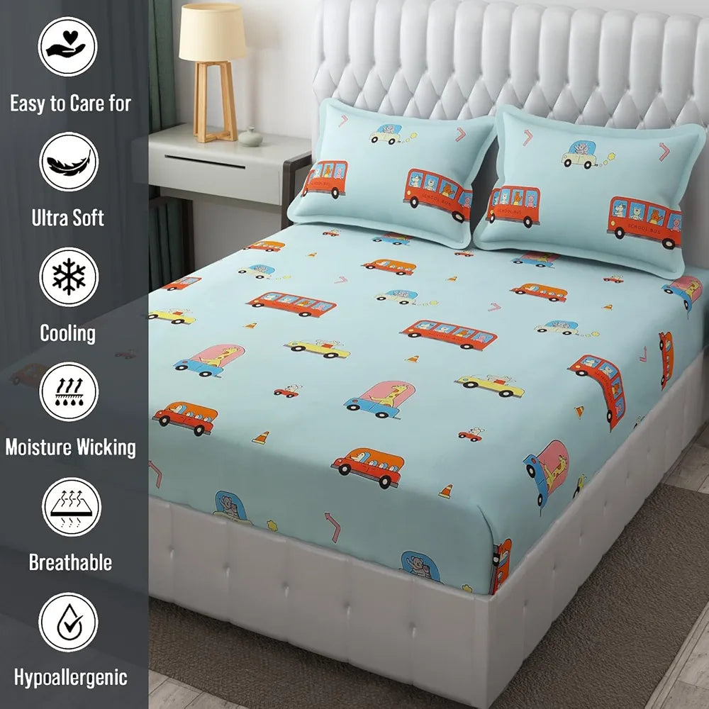 Fresh From Loom 300 TC Glace Cotton Soft Hypoallergenic Elastic Fitted Bed Sheet with 2 Pillow Cover Aqua Bus Queen