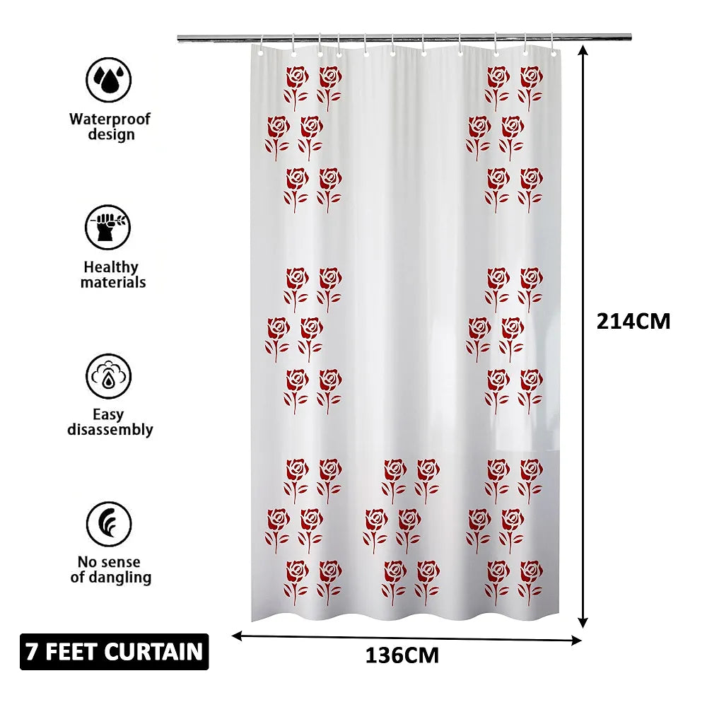 Kuber Industries Shower Curtain Bathroom Shower Curtain 8 Rings Curtain Red Painting Transparent