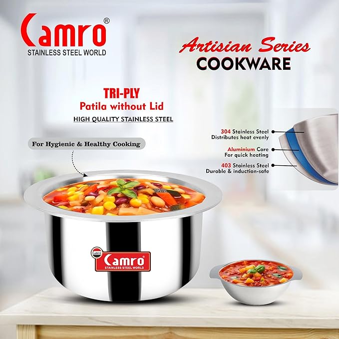 Camro Tripro Triply Artisian Tope 19 No 7 Liters Capacity Cauldron Tope Handi Patila Stainless Steel
