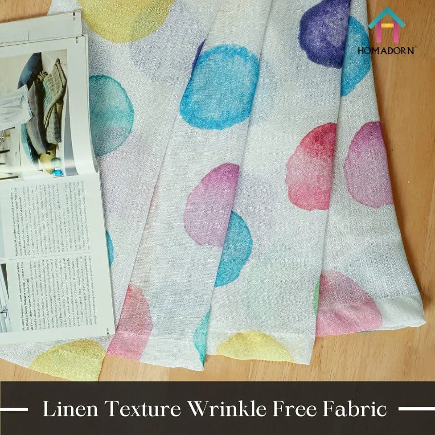 Homadorn Linen Sheer Printed Semi Transparent Curtains for Window Set of 2 Rainbow Circles