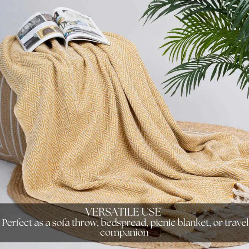 Homadorn All Season Cotton Weaved Throw Blanket Colour Yellow