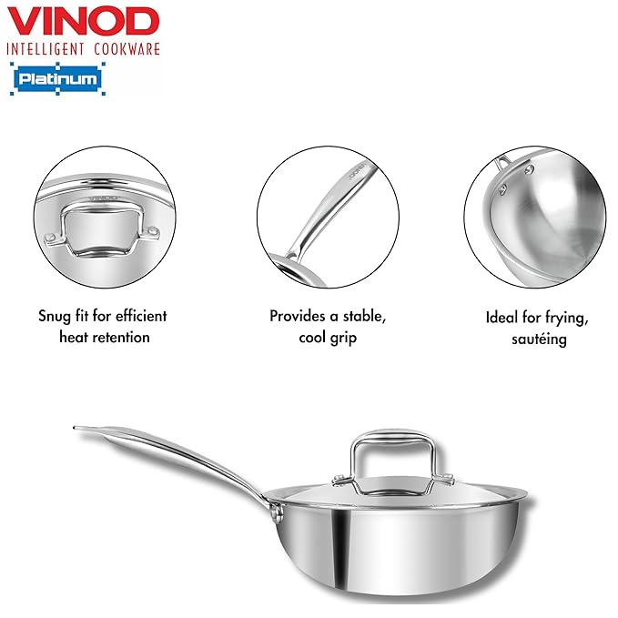 Vinod Platinum Triply Stainless Steel Frypan - 22cm | Deep Skillet Pan with Lid | Rivetted Study Handle | Induction & Gas Base