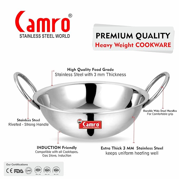 Camro Triply Round Bottom Kadhai 13 No 2.5 Liters Stainless Steel Lid for Curry StirFry
