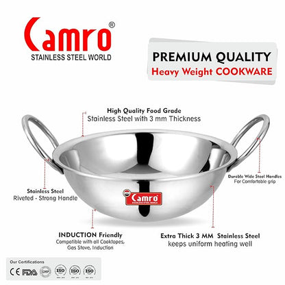 Camro Triply Round Bottom Kadhai 1.2 Liters 11 No 20 cm Serves 3 People Easy to Clean