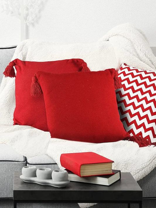 Sashaa World 100% Cotton Cushion Covers Colour Red With Tassels/decorative Throw Pillow( Set Of 2)