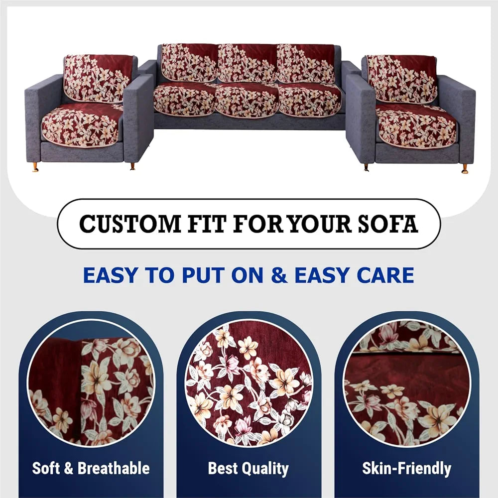 Kuber Industries Sofa Cover Set Flower Sofa Cover Velvet 5 Seater Couch Cover Maroon