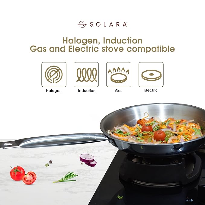 Solara Triply Stainless Steel Frypan with Lid 22 cm Gas Stove and Induction Friendly Frying Pan