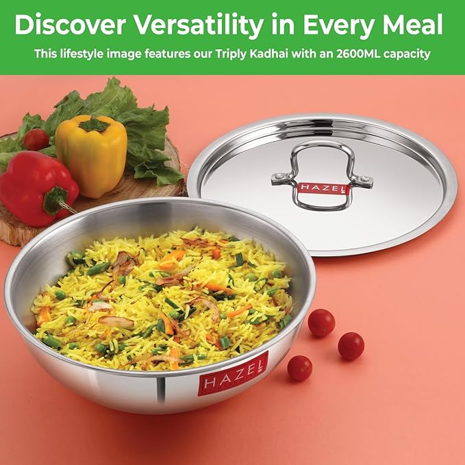Hazel Triply Stainless Steel Cookware Triply Steel Tasra Kadai with Lid 1.5 litres Heavy Bottom
