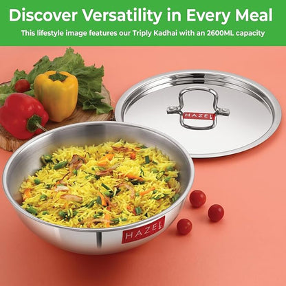 Hazel Triply Stainless Steel Cookware Triply Steel Tasra Kadai with Lid 1.5 litres Heavy Bottom
