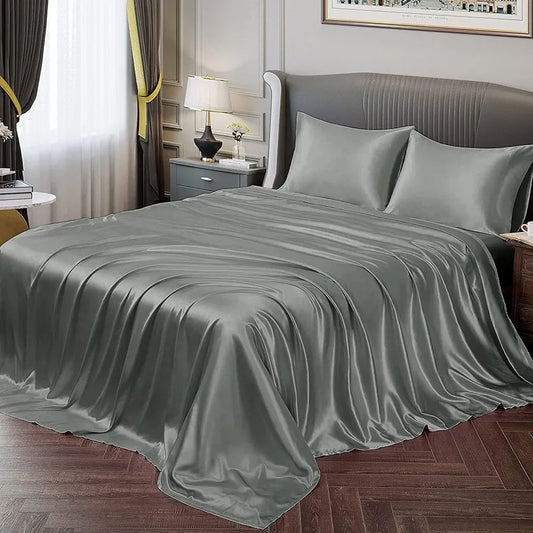 Cloth Fusion Satin Bedsheet for Queen Size Bed Set of 1 Satin Sheet 2 Pillow Covers Silver