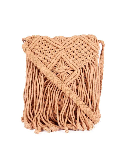 Astrid Handmade Macrame Flap Over Sling Bag For Girls And Women Colour Dusky Brown