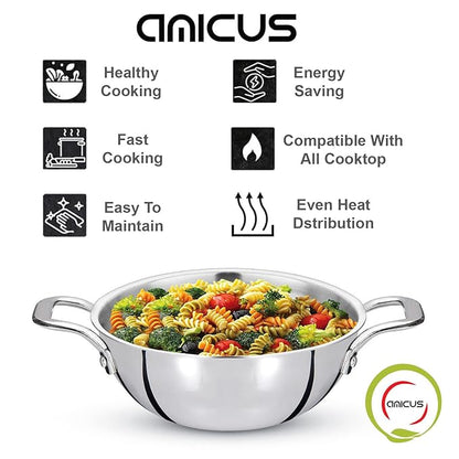 Amicus Triply Stainless Steel Deep Kadai Kadhai for Cooking Stirfry Deepfry Induction Friendly Pan 20 Cm 1.6 Litre