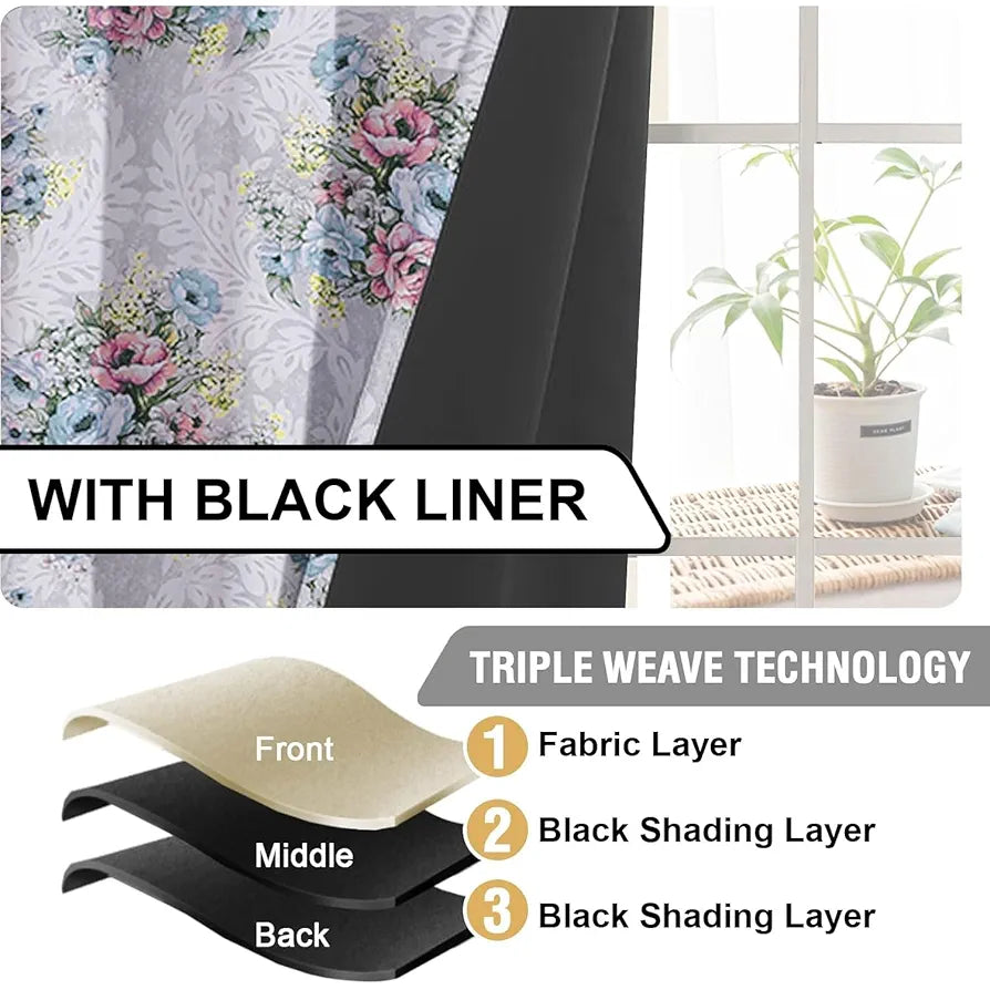 Cloth Fusion Blackout Printed Premium Door Curtains 7 Feet Long Set of 2 Ivory Bouquet