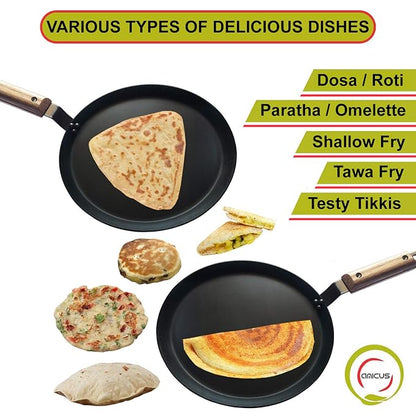 Amicus Kitchen Premium Iron Tawa For Dosa Roti Chapati Flat Iron Tava With Wooden Handle 10 Inch 1.2 Kg Black