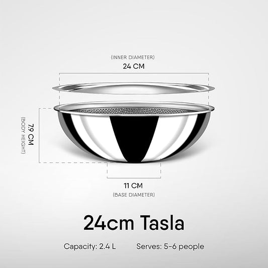 Stahl Artisan Hybrid Triply Non Stick Tasla With Lid | Stainless Steel Kadai/ Tasla for Cooking | 2.4 L | 24 Cm