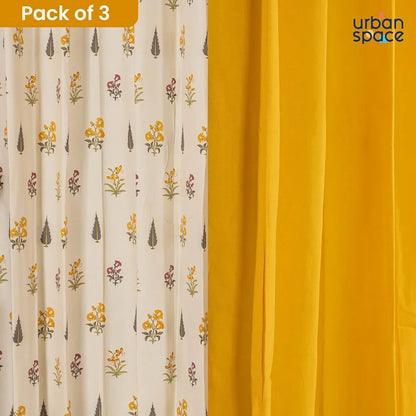 Urban Space Floral Cotton Curtains For Door, Set Of 3 Curtains For Home Decor Mosaic Yellow and Blue & Aura Indigo