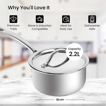 Savya Home Triply Stainless Steel Sauce pan with Lid 18 cm 2.2 L Stove & Induction Cookware