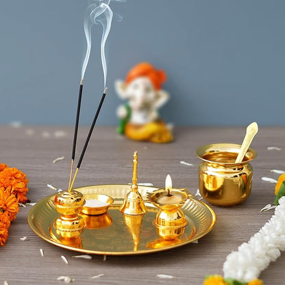 Ecraftindia Golden Decorative Puja Thali Set With Diya Ghanti Kalash Spoon Agarbatti Stand Bowl | Aarti Thali for Puja