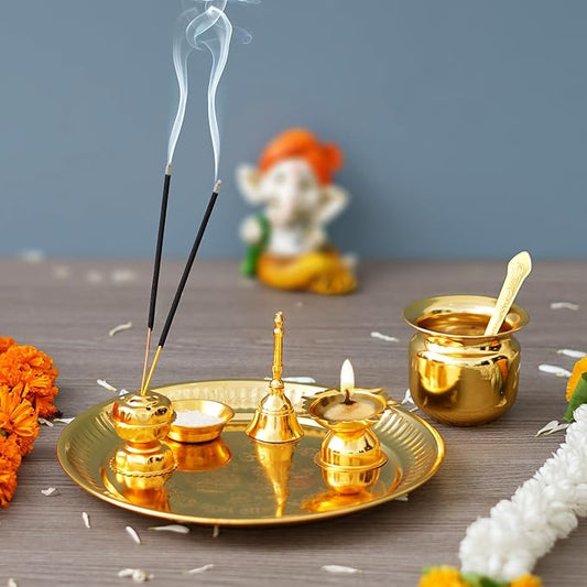 Ecraftindia Golden Decorative Puja Thali Set With Diya Ghanti Kalash Spoon Agarbatti Stand Bowl | Aarti Thali for Puja