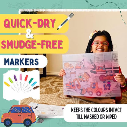 Pepplay Reusable Coloring Placemats Sheet with 8 Erasable Marker Pens Art Kit for Kids Vehicle Series