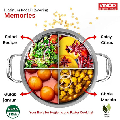 Vinod Platinum Triply Stainless Steel Extra Deep Kadai with Lid 2.5 Litre (22 cm) | 2.5mm Thick | Stainless Steel Cookware
