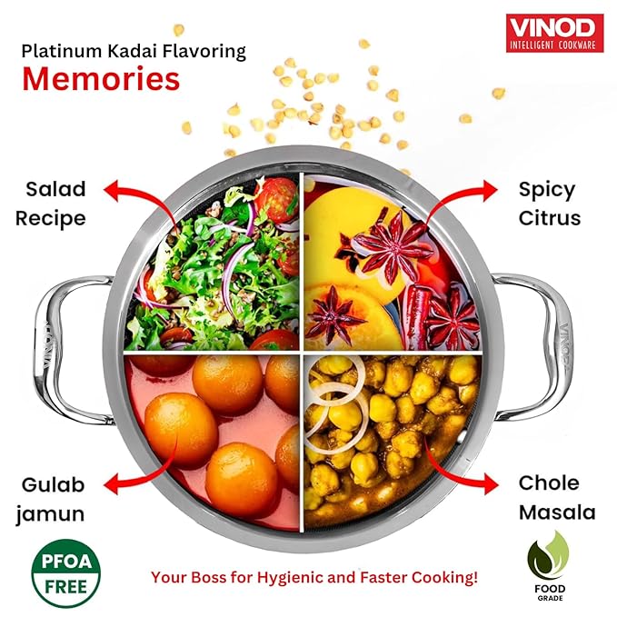 Vinod Platinum Triply Stainless Steel Kadai | 3.2 Litre | 24cm | 2.5mm Thick Extra Deep Kadhai With Lid for Cooking