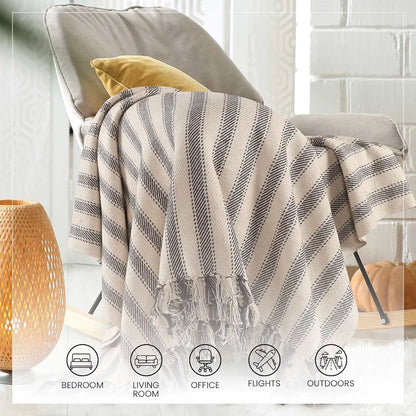 Sashaa World Striped Throw Medium with Tasselled Edges Colour Dark Blue
