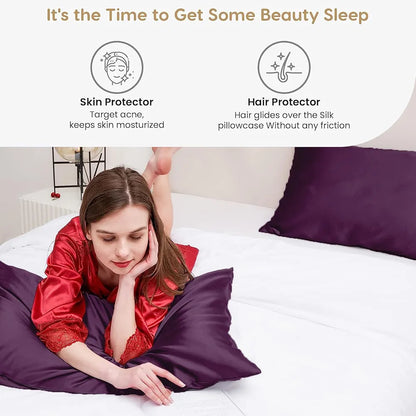 Cloth Fusion Satin Pillow Cover Set of 2 Perfect Pillow case with 3 Satin Soft Scrunchies for Women Solid 400 TC Wine